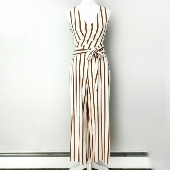 Bershka Anthropologie Jumpsuit Brown White Stripe Convertible Belted Cropped Leg - Picture 3 of 16